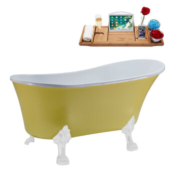 Streamline N358 55'' Vintage Oval Soaking Clawfoot Bathtub, Yellow Exterior, White Interior, White Clawfoot, White Drain, with Bamboo Tray
