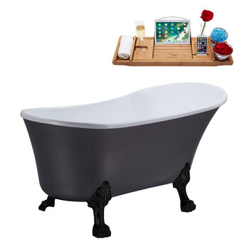 Streamline N359 55'' Vintage Oval Soaking Clawfoot Bathtub, Grey Exterior, White Interior, Black Clawfoot, White Drain, with Bamboo Tray