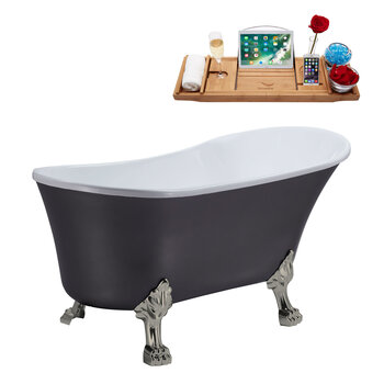 Streamline N359 55'' Vintage Oval Soaking Clawfoot Bathtub, Grey Exterior, White Interior, Nickel Clawfoot, Black Drain, with Bamboo Tray