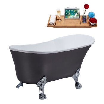 Streamline N359 55'' Vintage Oval Soaking Clawfoot Bathtub, Grey Exterior, White Interior, Chrome Clawfoot, Black Drain, with Bamboo Tray