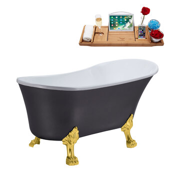 Streamline N359 55'' Vintage Oval Soaking Clawfoot Bathtub, Grey Exterior, White Interior, Gold Clawfoot, Gold Internal Drain, with Bamboo Tray