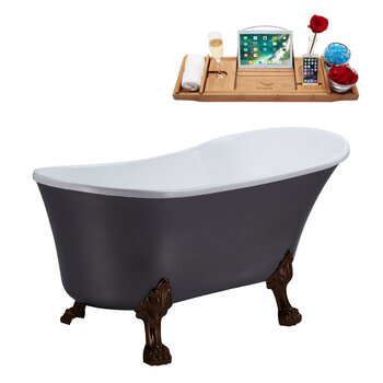 Streamline N359 55'' Vintage Oval Soaking Clawfoot Tub, Grey Exterior, White Interior, Oil Rubbed Bronze Clawfoot, Black Drain, w/ Bamboo Tray