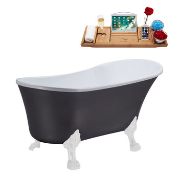 Streamline N359 55'' Vintage Oval Soaking Clawfoot Bathtub, Grey Exterior, White Interior, White Clawfoot, Black Drain, with Bamboo Tray