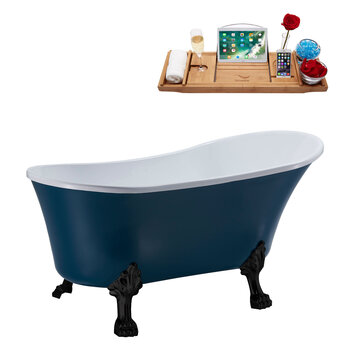 Streamline N360 55'' Vintage Oval Soaking Clawfoot Bathtub, Light Blue Exterior, White Interior, Black Clawfoot, Gold Drain, with Bamboo Tray