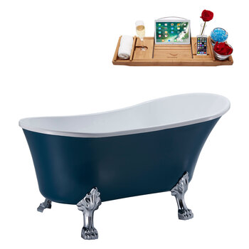 Streamline N360 55'' Vintage Oval Soaking Clawfoot Bathtub, Light Blue Exterior, White Interior, Chrome Clawfoot, Black Drain, with Bamboo Tray