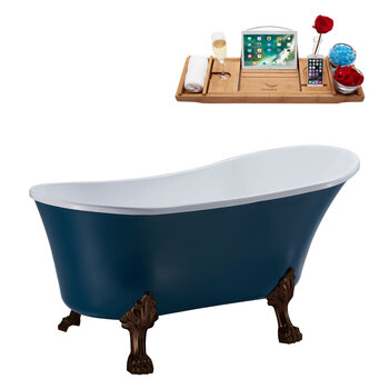 Streamline N360 55'' Vintage Oval Soaking Clawfoot Tub, Light Blue Exterior, White Interior, Oil Rubbed Bronze Clawfoot, Gold Drain, w/ Bamboo Tray