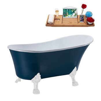 Streamline N360 55'' Vintage Oval Soaking Clawfoot Bathtub, Light Blue Exterior, White Interior, White Clawfoot, Black Drain, with Bamboo Tray