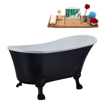 Streamline N362 59'' Vintage Oval Soaking Clawfoot Bathtub, Black Exterior, White Interior, Black Clawfoot, Chrome Drain, with Bamboo Tray