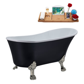 Streamline N362 59'' Vintage Oval Soaking Clawfoot Bathtub, Black Exterior, White Interior, Nickel Clawfoot, Gold Drain, with Bamboo Tray