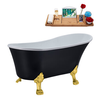 Streamline N362 59'' Vintage Oval Soaking Clawfoot Bathtub, Black Exterior, White Interior, Gold Clawfoot, White Drain, with Bamboo Tray