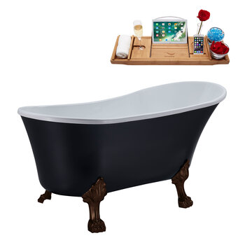 Streamline N362 59'' Vintage Oval Soaking Clawfoot Tub, Black Exterior, White Interior, Oil Rubbed Bronze Clawfoot, Gold Drain, w/ Bamboo Tray