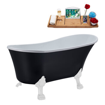 Streamline N362 59'' Vintage Oval Soaking Clawfoot Bathtub, Black Exterior, White Interior, White Clawfoot, Chrome Drain, with Bamboo Tray