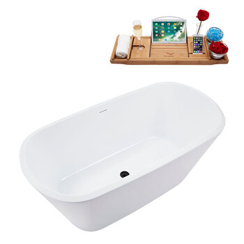 Streamline N3640 59'' Modern Rectangle Soaking Freestanding Bathtub, White Exterior, White Interior, Black Internal Drain, with Bamboo Tray