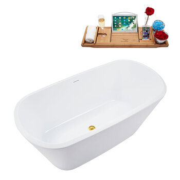 Streamline N3640 59'' Modern Rectangle Soaking Freestanding Bathtub, White Exterior, White Interior, Gold Internal Drain, with Bamboo Tray