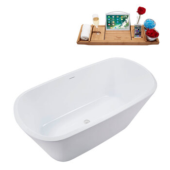 Streamline N3640 59'' Modern Rectangle Soaking Freestanding Bathtub, White Exterior, White Interior, White Internal Drain, with Bamboo Tray