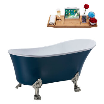 Streamline N365 59'' Vintage Oval Soaking Clawfoot Bathtub, Light Blue Exterior, White Interior, Nickel Clawfoot, Chrome Drain, with Bamboo Tray