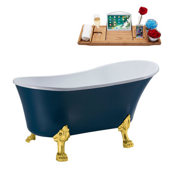 Streamline N365 59'' Vintage Oval Soaking Clawfoot Tub, Light Blue Exterior, White Interior, Gold Clawfoot, Oil Rubbed Bronze Drain, w/ Bamboo Tray