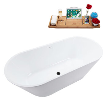 Streamline N3660 70'' Modern Rectangle Soaking Freestanding Bathtub, White Exterior, White Interior, Black Internal Drain, with Bamboo Tray