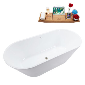 Streamline N3660 70'' Modern Rectangle Soaking Freestanding Bathtub, White Exterior, White Interior, Nickel Internal Drain, with Bamboo Tray