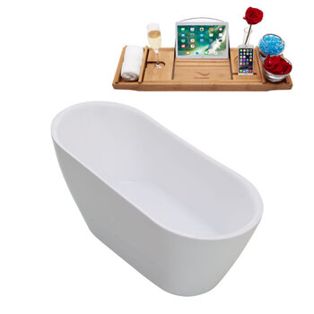 Streamline N3680 59'' Modern Round Soaking Freestanding Bathtub, White Exterior, White Interior, Nickel Internal Drain, with Bamboo Tray