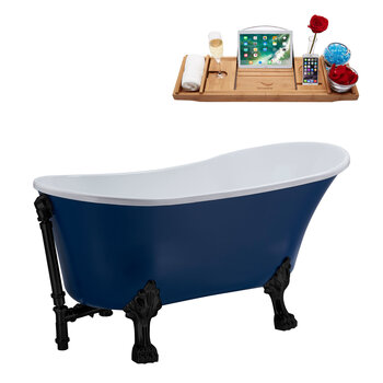 Streamline N368 63'' Vintage Oval Soaking Clawfoot Bathtub, Dark Blue Exterior, White Interior, Black Clawfoot, Black External Drain, w/ Tray