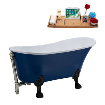 Streamline N368 63'' Vintage Oval Soaking Clawfoot Bathtub, Dark Blue Exterior, White Interior, Black Clawfoot, Nickel External Drain, w/ Tray
