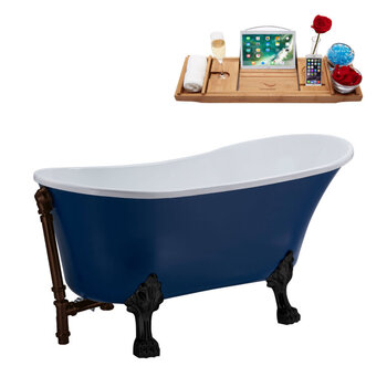 Streamline N368 63'' Vintage Oval Soaking Clawfoot Tub, Dark Blue Exterior, White Interior, Black Clawfoot, Oil Rubbed Bronze External Drain, w/ Tray