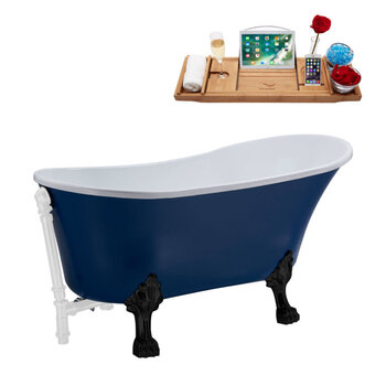 Streamline N368 63'' Vintage Oval Soaking Clawfoot Bathtub, Dark Blue Exterior, White Interior, Black Clawfoot, White External Drain, w/ Tray