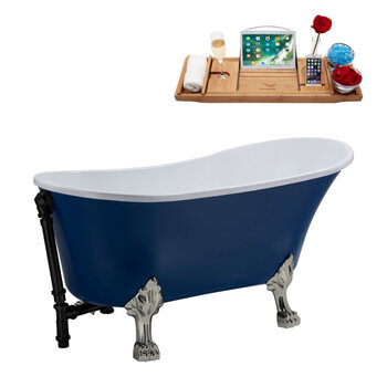 Streamline N368 63'' Vintage Oval Soaking Clawfoot Bathtub, Dark Blue Exterior, White Interior, Nickel Clawfoot, Black External Drain, w/ Tray