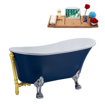 Streamline N368 63'' Vintage Oval Soaking Clawfoot Bathtub, Dark Blue Exterior, White Interior, Chrome Clawfoot, Gold External Drain, w/ Tray