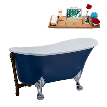 Streamline N368 63'' Vintage Oval Soaking Clawfoot Tub, Dark Blue Exterior, White Interior, Chrome Clawfoot, Oil Rubbed Bronze External Drain, w/ Tray
