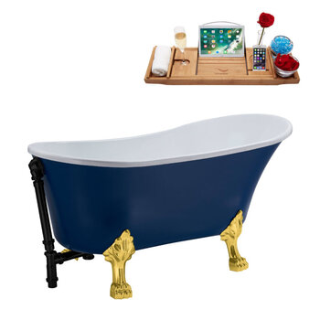 Streamline N368 63'' Vintage Oval Soaking Clawfoot Bathtub, Dark Blue Exterior, White Interior, Gold Clawfoot, Black External Drain, w/ Tray