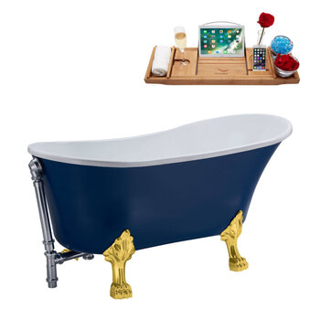 Streamline N368 63'' Vintage Oval Soaking Clawfoot Bathtub, Dark Blue Exterior, White Interior, Gold Clawfoot, Chrome External Drain, w/ Tray