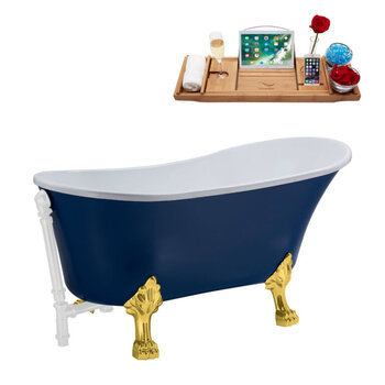 Streamline N368 63'' Vintage Oval Soaking Clawfoot Bathtub, Dark Blue Exterior, White Interior, Gold Clawfoot, White External Drain, w/ Tray