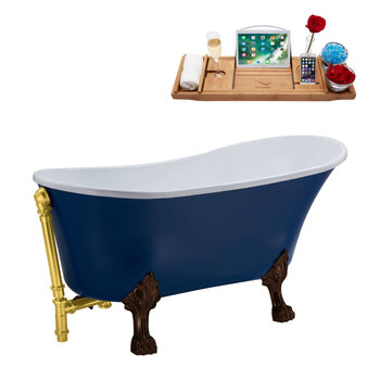 Streamline N368 63'' Vintage Oval Soaking Clawfoot Tub, Dark Blue Exterior, White Interior, Oil Rubbed Bronze Clawfoot, Gold External Drain, w/ Tray
