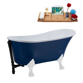 Streamline N368 63'' Vintage Oval Soaking Clawfoot Bathtub, Dark Blue Exterior, White Interior, White Clawfoot, Black External Drain, w/ Tray