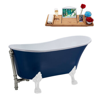 Streamline N368 63'' Vintage Oval Soaking Clawfoot Bathtub, Dark Blue Exterior, White Interior, White Clawfoot, Nickel External Drain, w/ Tray