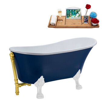 Streamline N368 63'' Vintage Oval Soaking Clawfoot Bathtub, Dark Blue Exterior, White Interior, White Clawfoot, Gold External Drain, w/ Tray