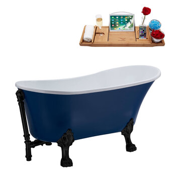 Streamline N369 55'' Vintage Oval Soaking Clawfoot Bathtub, Dark Blue Exterior, White Interior, Black Clawfoot, Black External Drain, w/ Tray