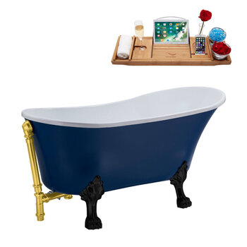 Streamline N369 55'' Vintage Oval Soaking Clawfoot Bathtub, Dark Blue Exterior, White Interior, Black Clawfoot, Gold External Drain, w/ Tray