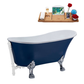 Streamline N369 55'' Vintage Oval Soaking Clawfoot Bathtub, Dark Blue Exterior, White Interior, Chrome Clawfoot, White External Drain, w/ Tray