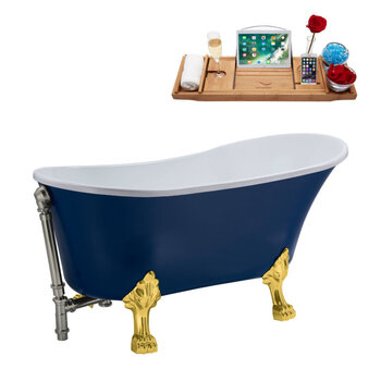 Streamline N369 55'' Vintage Oval Soaking Clawfoot Bathtub, Dark Blue Exterior, White Interior, Gold Clawfoot, Nickel External Drain, w/ Tray