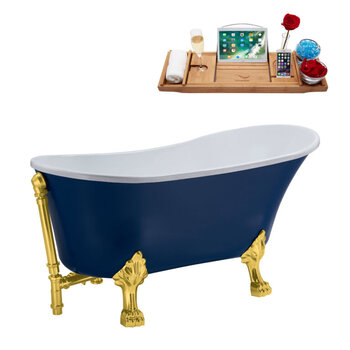 Streamline N369 55'' Vintage Oval Soaking Clawfoot Bathtub, Dark Blue Exterior, White Interior, Gold Clawfoot, Gold External Drain, w/ Tray