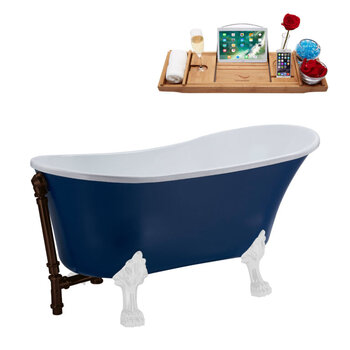 Streamline N369 55'' Vintage Oval Soaking Clawfoot Tub, Dark Blue Exterior, White Interior, White Clawfoot, Oil Rubbed Bronze External Drain, w/ Tray