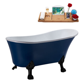 Streamline N371 63'' Vintage Oval Soaking Clawfoot Bathtub, Dark Blue Exterior, White Interior, Black Clawfoot, Black Drain, with Bamboo Tray