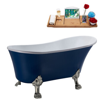Streamline N371 63'' Vintage Oval Soaking Clawfoot Bathtub, Dark Blue Exterior, White Interior, Nickel Clawfoot, Nickel Drain, with Bamboo Tray