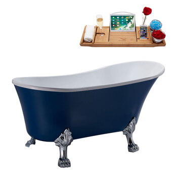 Streamline N371 63'' Vintage Oval Soaking Clawfoot Bathtub, Dark Blue Exterior, White Interior, Chrome Clawfoot, Black Drain, with Bamboo Tray