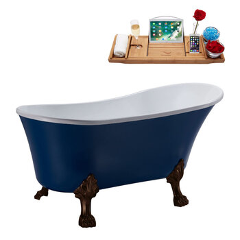 Streamline N371 63'' Vintage Oval Soaking Clawfoot Tub, Dark Blue Exterior, White Interior, Oil Rubbed Bronze Clawfoot, Gold Drain, w/ Bamboo Tray