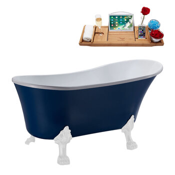 Streamline N371 63'' Vintage Oval Soaking Clawfoot Bathtub, Dark Blue Exterior, White Interior, White Clawfoot, Black Drain, with Bamboo Tray
