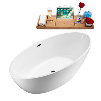 Streamline N420 62.6 Modern Oval Soaking Freestanding Bathtub, White Exterior, White Interior, Black Internal Drain, with Bamboo Tray